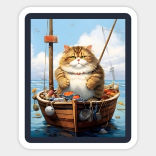 Cats at Sea: Fat Cat, little boat Vintage Style Art Sticker